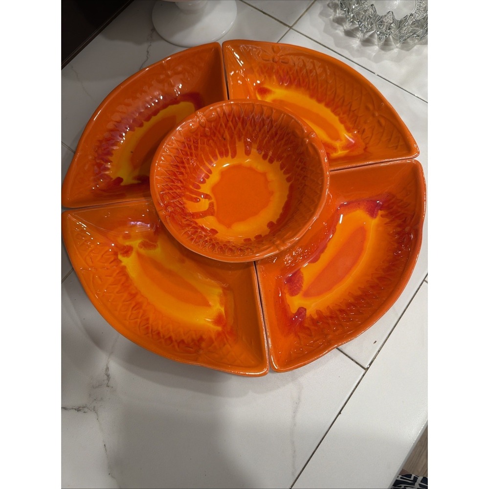MCM California Marcia Pottery Dish/4 Bowls Orange Lava Glaze Drip Lazy Susan Set